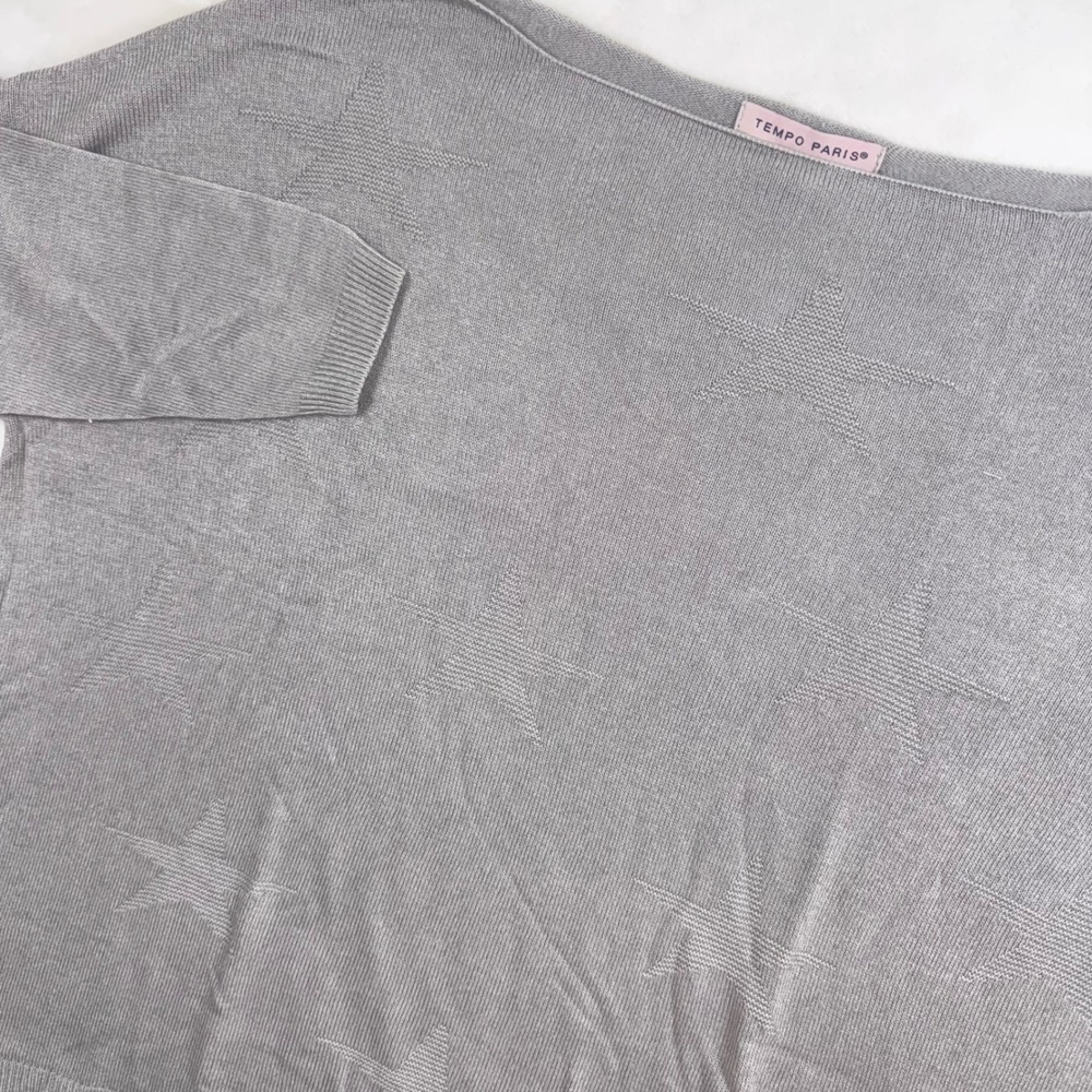 Tempo Paris Sweater Womens S/M Gray Star Knit Boat Neck‎ Short Sleeve Relaxed